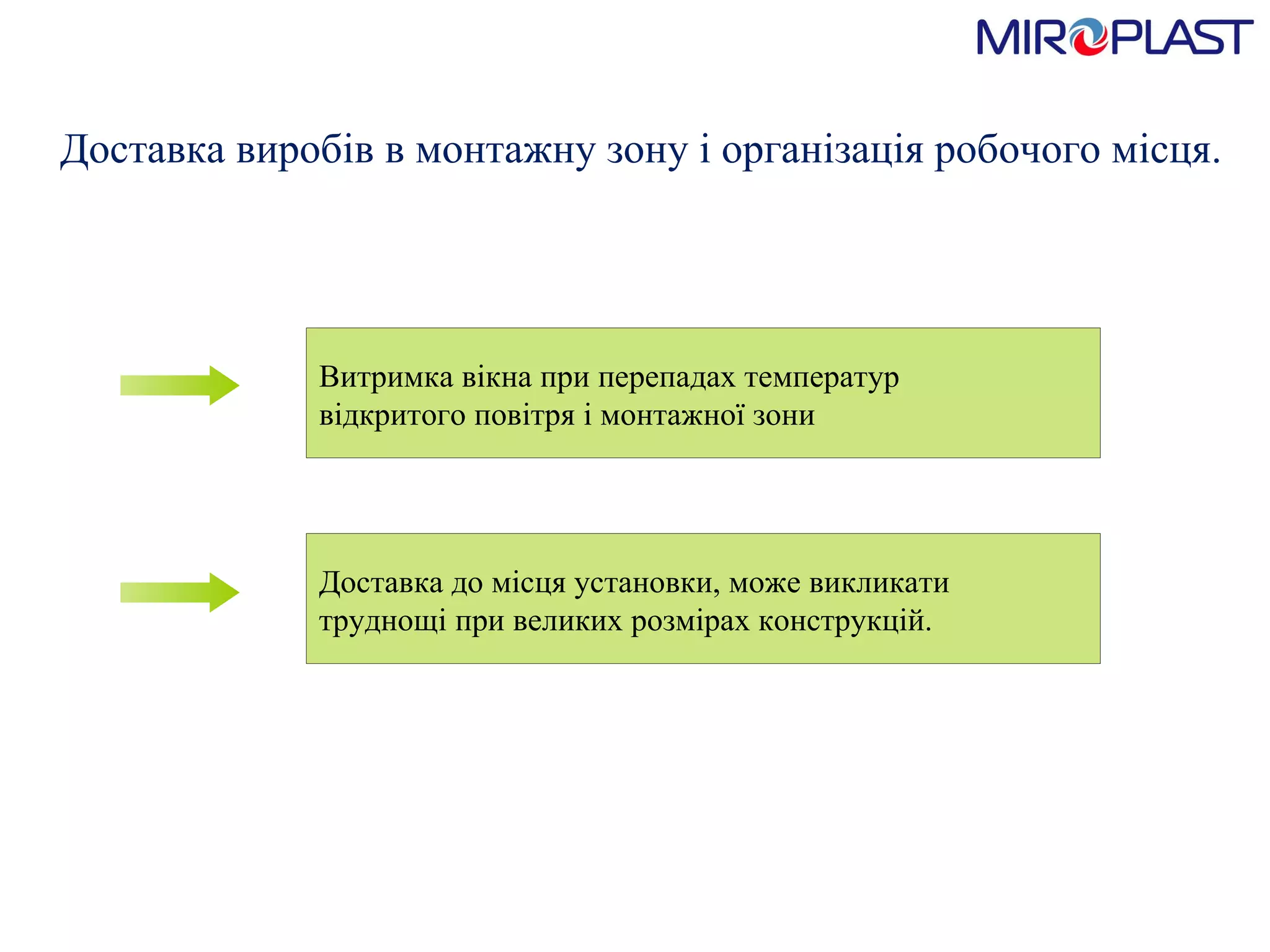 Витримка вікна при перепадах температур відкритого повітря і монтажної зони Доставка до місця установки, може викликати труднощі при великих розмірах конструкцій. Доставка виробів в монтажну зону і організація робочого місця. 