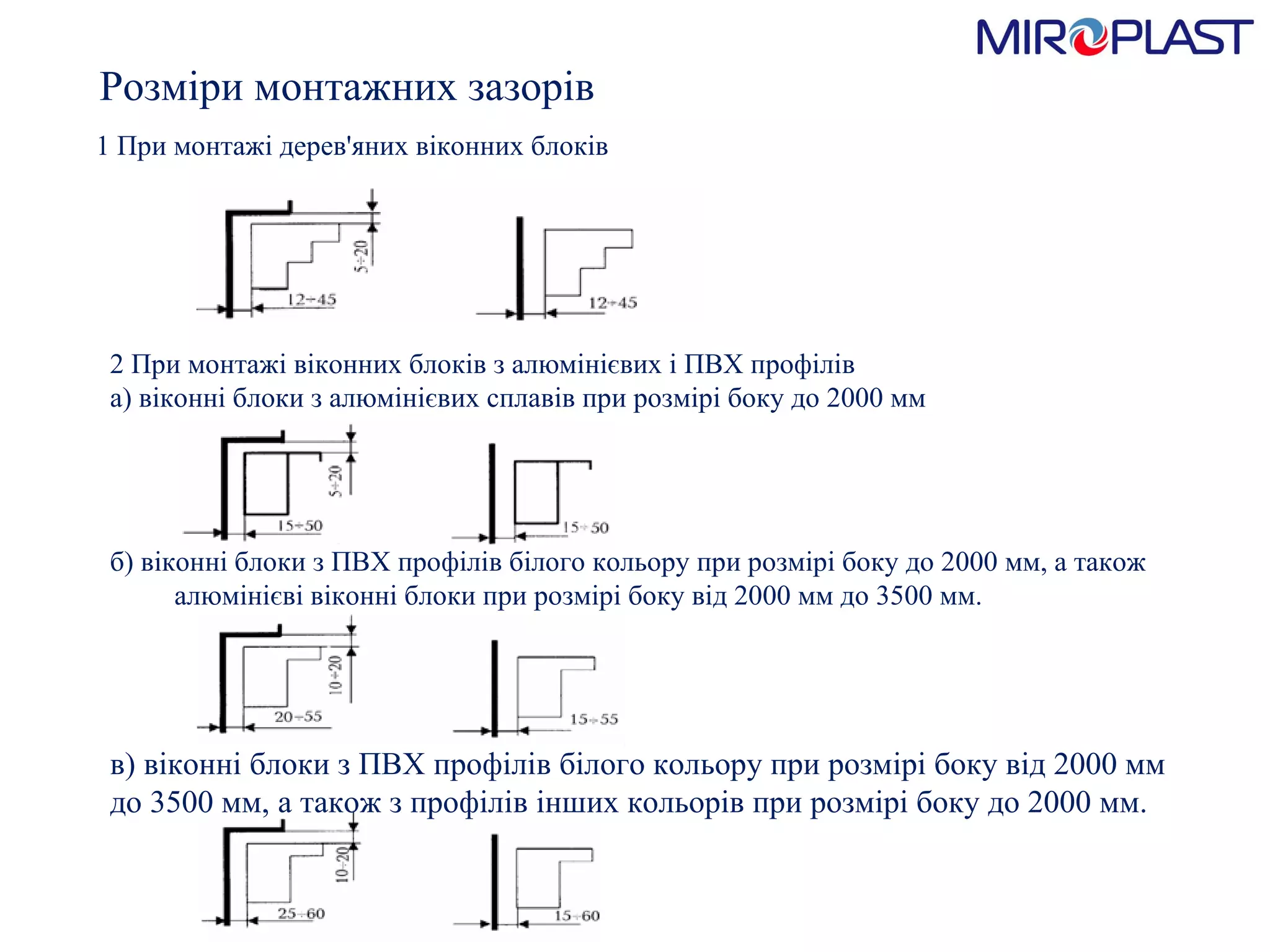 1 При монтажі дерев'яних віконних блоків б) віконні блоки з ПВХ профілів білого кольору при розмірі боку до 2000 мм, а також  алюмінієві віконні блоки при розмірі боку від 2000 мм до 3500 мм. Розміри монтажних зазорів 2 При монтажі віконних блоків з алюмінієвих і ПВХ профілів а) віконні блоки з алюмінієвих сплавів при розмірі боку до 2000 мм в) віконні блоки з ПВХ профілів білого кольору при розмірі боку від 2000 мм до 3500 мм, а також з профілів інших кольорів при розмірі боку до 2000 мм. 