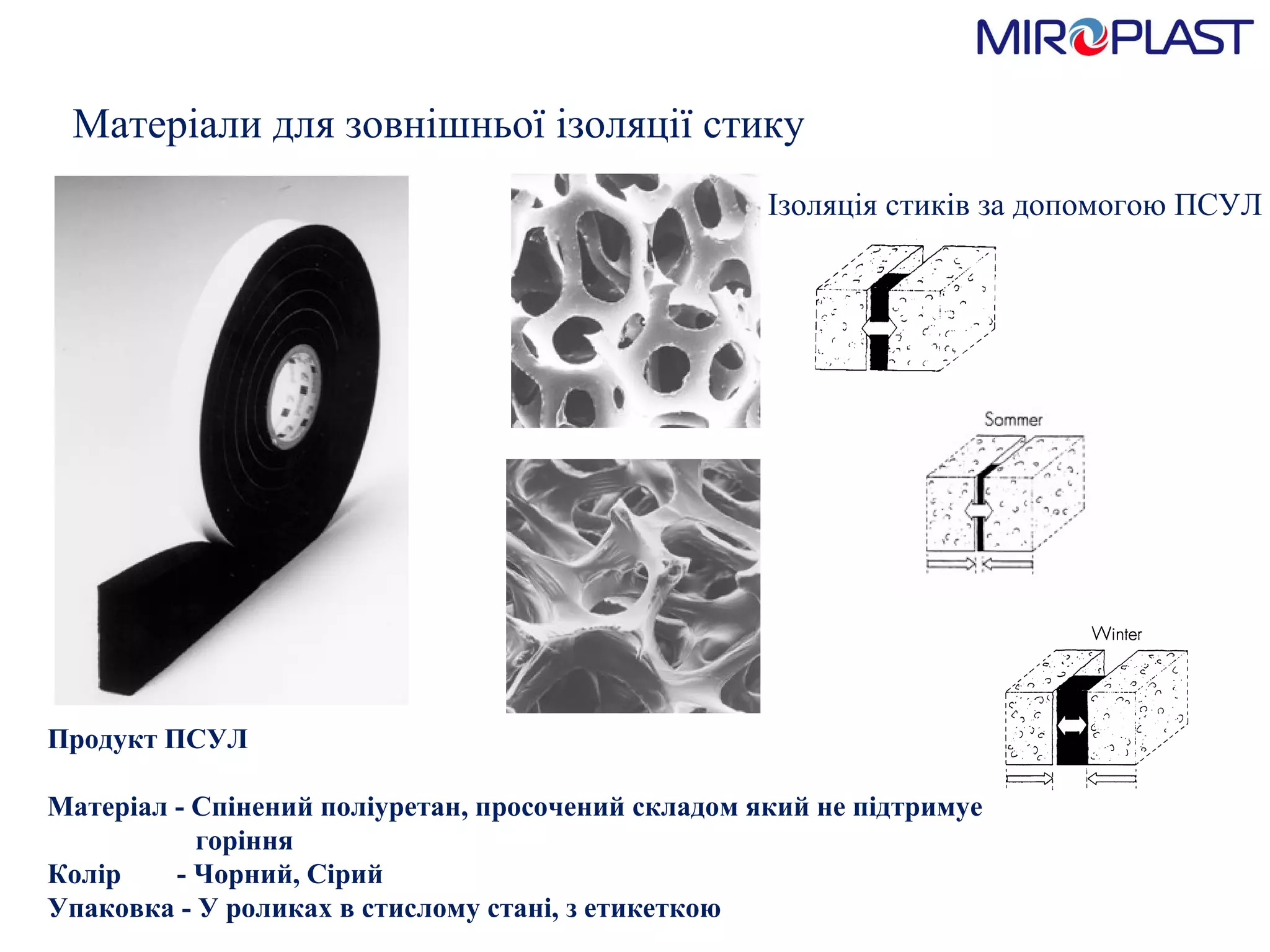 Матеріали для зовнішньої ізоляції стику Ізоляція стиків за допомогою ПСУЛ Продукт ПСУЛ Матеріал - Спінений поліуретан, просочений складом який не підтримуе    горіння Колір  - Чорний, Сірий Упаковка - У роликах в стислому стані, з етикеткою 
