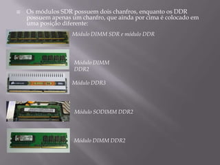    Os módulos SDR possuem dois chanfros, enquanto os DDR
    possuem apenas um chanfro, que ainda por cima é colocado em
    uma posição diferente:
                   Módulo DIMM SDR e módulo DDR




                    Módulo DIMM
                    DDR2

                   Módulo DDR3




                    Módulo SODIMM DDR2




                    Módulo DIMM DDR2
 