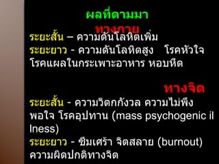 ผลที่ตามมา ทางกาย ระยะสั้น  – ความดันโลหิตเพิ่ม  ระยะยาว  -  ความดันโลหิตสูง  โรคหัวใจ โรคแผลในกระเพาะอาหาร หอบหืด ทางจิต ระยะสั้น  -   ความวิตกกังวล ความไม่พึงพอใจ โรคอุปทาน  ( mass psychogenic illness) ระยะยาว   -  ซึมเศร้า จิตสลาย  ( burnout) ความผิดปกติทางจิต 