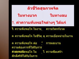 ตัวชี้วัดสุขภาพจิต ในทางบวก ในทางลบ 1.  ค่าความพึงพอใจต่างๆ ได้แก่  ความพึงพอใจ ในงาน   ความวิตกกังวล  ความพึงพอใจ ในชีวิต   ความเบื่อหน่ายในงาน  ความพึงพอใจ ต่อความต้องการที่ได้รับการสนองตอบ  การผละงาน  ความพึงพอใจ ในศักดิ์ศรีที่ได้รับในการตอบสนอง  ความซึมเศร้า 