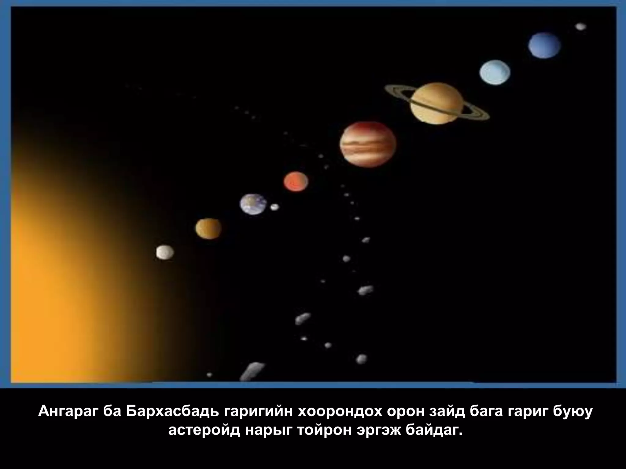 Ангараг ба Бархасбадь гаригийн хоорондох орон зайд бага гариг буюу
               астеройд нарыг тойрон эргэж байдаг.
 