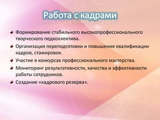 Формирование стабильного высокопрофессионального
творческого педколлектива.
Организация переподготовки и повышения квалификации
кадров, стажировок.
Участие в конкурсах профессионального мастерства.
Мониторинг результативности, качества и эффективности
работы сотрудников.
Создание «кадрового резерва».
 