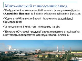 Миколаївський глиноземний завод Побудований на компенсаційній основі з французькою фірмою  «Алюмініум Пешине»  та іншими східноєвропейськими фірмами; Одне з найбільших в Європі підприємств  алюмінієвої промисловості ; З потужністю 1 млн. тонн глинозему на рік; Близько 90% своєї продукції завод експортує в інші країни, а натомість підприємство отримує готовий алюміній  