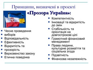 Принципи, визначені в проекті    «Прозора Ук раїна »: Чесне проведення  виборів Відповідальність Ефективність Відкритість та  прозорість Верховенство закону Етична поведінка Компетентність  Інновації та відкритість до змін Стабільність та орієнтація на довгострокові цілі Грамотний фінансовий менеджмент Права людини, культурне розмаїття та соціальна згода Підзвітність Фінансова незалежність 