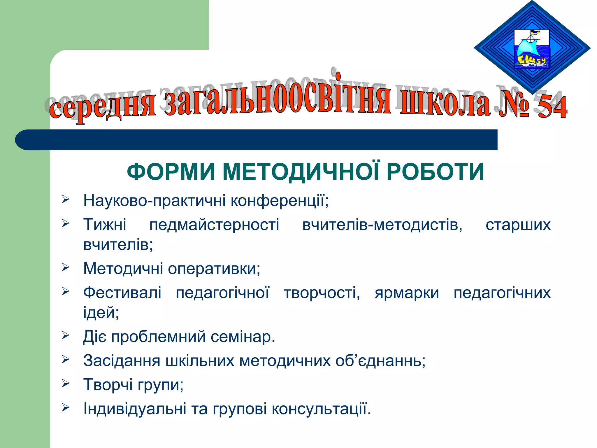 Науково-практичні конференції; Тижні педмайстерності вчителів-методистів, старших вчителів; Методичні оперативки; Фестивалі педагогічної творчості, ярмарки педагогічних ідей; Діє проблемний семінар. Засідання шкільних методичних об ’ єднаннь; Творчі групи; Індивідуальні та групові консультації. середня загальноосвітня школа № 54 ФОРМИ  МЕТОДИЧНОЇ РОБОТИ 