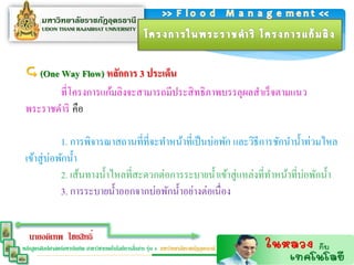  (One Way Flow) หลักกำร 3 ประเด็น
        ที่โครงการแก้มลิงจะสามารถมีประสิ ทธิ ภาพบรรลุผลสาเร็ จตามแนว
 พระราชดาริ คือ

             1. การพิจารณาสถานที่ที่จะทาหน้าที่เป็ นบ่อพัก และวิธีการชักนาน้ าท่วมไหล
 เข้าสู่ บ่อพักน้ า
             2. เส้นทางน้ าไหลที่สะดวกต่อการระบายน้ าเข้าสู่ แหล่งที่ทาหน้าที่บ่อพักน้ า
             3. การระบายน้ าออกจากบ่อพักน้ าอย่างต่อเนื่อง


   นายอดิเทพ ไชยสิทธิ์
                                                  ่
หลักสูตรศิลปศาสตร์มหาบัณฑิต สาขาวิชาเทคโนโลยีการสือสาร รุ่น 4 มหาวิทยาลัยราชภัฏอุดรธานี
 