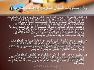 1-   التذكر  ( المعرفة )   :  وهي القدرة على تذكر واسترجاع وتكرار المعلومات دون تغيير يذكر  .  ويتضمن هذا المستوى الجوانب المعرفية التالية  : -  معرفة الحقائق المحددة . -  معرفة المصطلحات الفنية  -  معرفة الاصطلاحات  -  معرفة الاتجاهات والتسلسلات  -  معرفة التصنيفات والفئات  -   معرفة المعايير  -  معرفة المنهجية أو طرائق البحث  -  معرفة  العموميات والمجردات  .  مثل معرفة المبادئ والتعميمات ومعرفة النظريات والتراكيب المجردة  .  من أمثلة الأفعال  :  يعرف  –  يصف  –  يعدد  –  يذكر  –  يسمي  2-   الفهم  :  وهو القدرة على تفسير أو إعادة صياغة المعلومات التي حصلها الطالب في مستوى المعرفة بلغته الخاصة  .  والفهم في هذا المستوى يشمل الترجمة والتفسير والاستنتاج  .  ومن أمثلة الأفعال  :  يفسر  –  يشرح  –  يميز  3-  التطبيق  :  وهو القدرة على استخدام أو تطبيق المعلومات والنظريات والمبادئ والقوانين في موقف جديد  .  ومن أمثلة الأفعال :  يطبق  –  يعدّل  –  يستخدم  –  يجري  –  ينفذ  –  يعالج  –  يتصرّف  تصميم وتحرير :  هاشم حسين الهادي  -  التأهيل التربوي  -  بورتسودان 