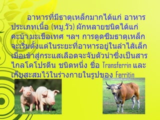 อาหารที่มีธาตุเหล็กมากได้แก่ อาหารประเภทเนื้อ  ( หมู , วัว )  ผักหลายชนิดได้แก่ คะน้า , มะเขือเทศ ฯลฯ การดูดซึมธาตุเหล็ก จะเริ่มตั้งแต่ในระยะที่อาหารอยู่ในลำไส้เล็ก เมื่อเข้าสู่กระแสเลือดจะจับตัวนำซึ่งเป็นสารไกลโคโปรตีน ชนิดหนึ่ง ชื่อ  Transferrin  และเก็บสะสมไว้ในร่างกายในรูปของ  Ferritin 