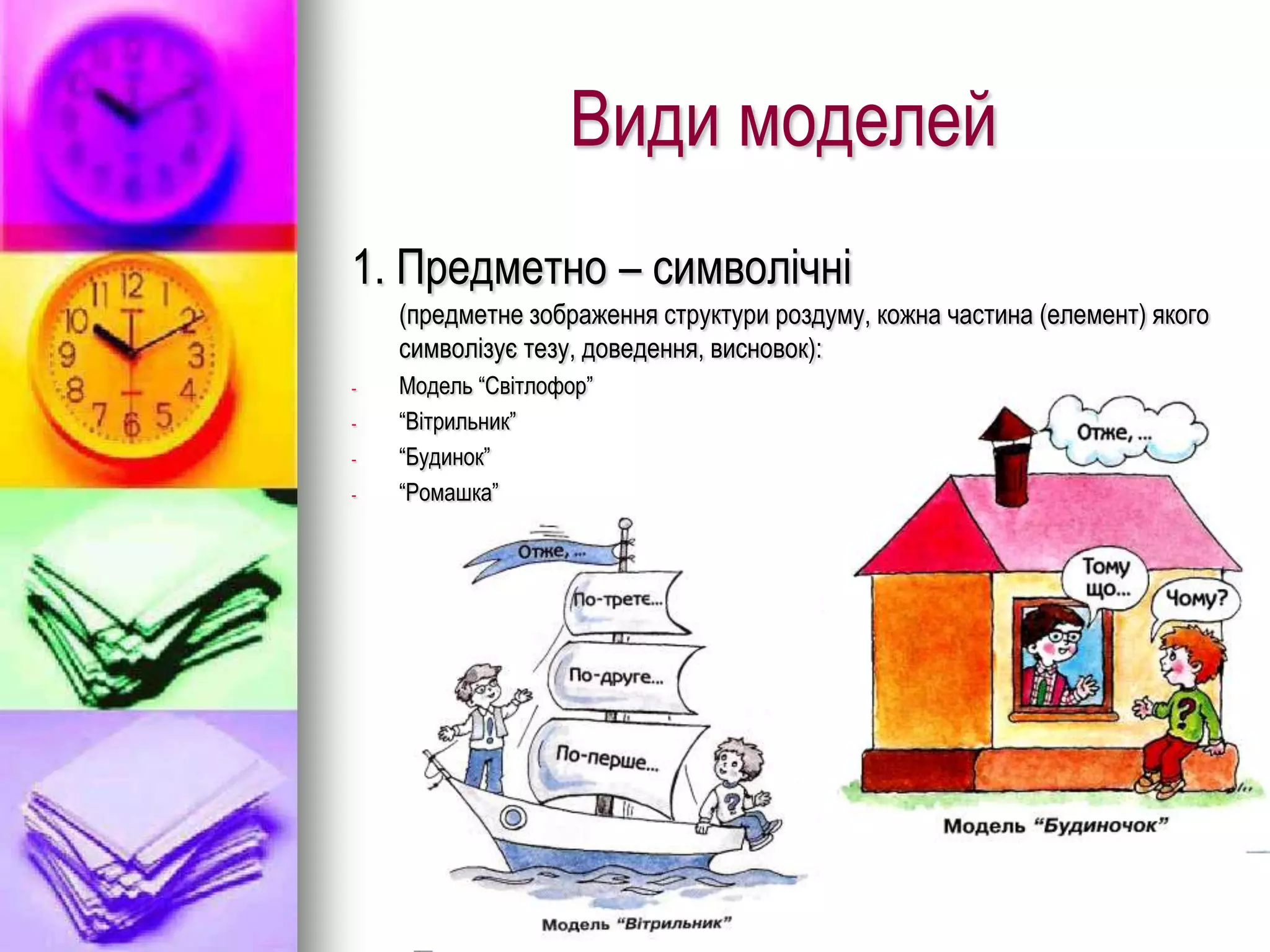 Види моделей
1. Предметно – символічні
    (предметне зображення структури роздуму, кожна частина (елемент) якого
    символізує тезу, доведення, висновок):
-   Модель “Світлофор”
-   “Вітрильник”
-   “Будинок”
-   “Ромашка”
 