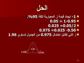 الحل 1-  ايجاد قيمة ز المعيارية لثقة  95%. 1-0.95 = 0.05 0.05/2= 0.025 0.50- 0.025= 0.975 ز التي تقابل احتمال  0.975  من الجدول تساوي  1.96 0.95 0.025 0.025 