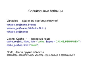 Специальные таблицы


Variables — хранение настроек модулей
variable_set($name, $value)
variable_get($name, $default = NULL)
variable_del($name)


Cache, Cache_* — хранение кеша
cache_set($cid, $data, $bin = 'cache', $expire = CACHE_PERMANENT)
cache_get($cid, $bin = 'cache')


Node, User и другие объекты
вставлять, обновлять или удалять нужно только с помощью API
 