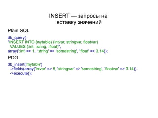 INSERT — запросы на
                            вставку значений
Plain SQL
db_query(
"INSERT INTO {mytable} (intvar, stringvar, floatvar)
  VALUES (:int, :string, :float)",
array(':int' => 1, ':string' => 'somestring', ':float' => 3.14));
PDO
db_insert('mytable')
 ->fields(array('intvar' => 5, 'stringvar' => 'somestring', 'floatvar' => 3.14))
 ->execute();
 