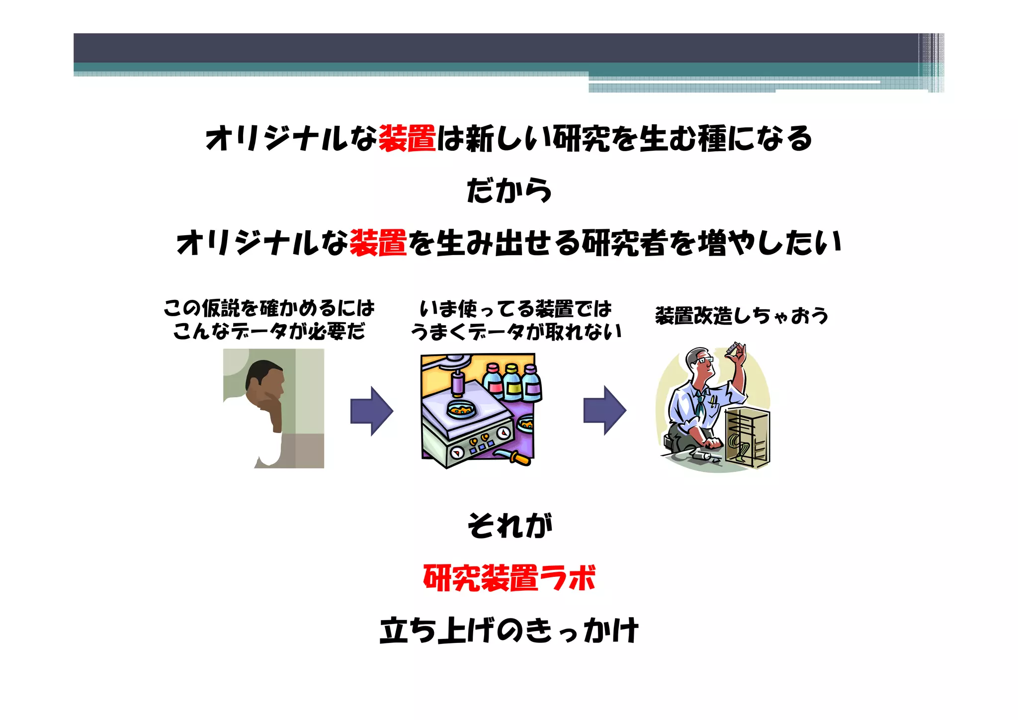 オリジナルな装置は新しい研究を生む種になる
                 だから
オリジナルな装置を生み出せる研究者を増やしたい

この仮説を確かめるには    いま使ってる装置では    装置改造しちゃおう
こんなデータが必要だ     うまくデータが取れない




                 それが
               研究装置ラボ
              立ち上げのきっかけ
 