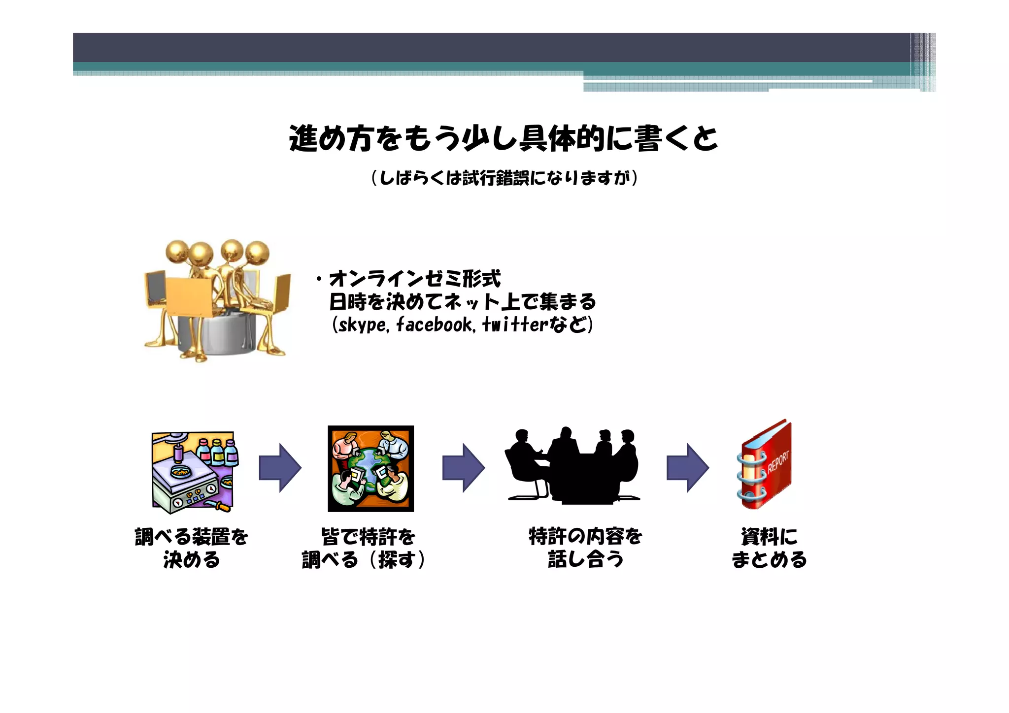 進め方をもう少し具体的に書くと
             （しばらくは試行錯誤になりますが）




         ・オンラインゼミ形式
          オンラインゼミ形式
          日時を決めてネット上で集まる
          (skype,facebook,twitterなど)




調べる装置を    皆で特許を              特許の内容を     資料に
 決める     調べる（探す）              話し合う     まとめる
 