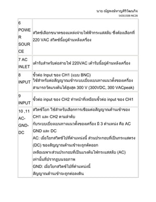 54261508 INC2B

6
POWE
R
         220 VAC
SOUR
CE

7 AC
                               220VAC
INLET

8               Input    CH1 (    BNC)
INPUT
                                 300 V (300VDC, 300 VACpeak)

9
                input    CH2                    input       CH1
INPUT

10 ,11
AC-      CH1       CH2

GND-                                        3               AC

DC       GND        DC
         AC:
         DC)
                                                        AC)


         GND:
 