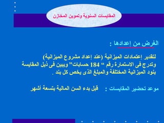 المقايسات السنوية وتموين المخازن الغرض من إعدادها  : لتقدير إعتمادات الميزانية  ( عند إعداد مشروع الميزانية )  وتدرج فى الاستمارة رقم “  184  حسابات” ويبين فى ذيل المقايسة  بنود الميزانية المختلفة والمبلغ الذى يخص كل بند  . موعد تحضير المقايسات   : قبل بدء السن المالية بتسعة أشهر 