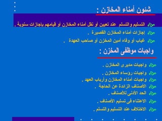 شئون أمناء المخازن : التسليم والتسلم  عند تعيين أو نقل أمناء المخازن أو قيامهم بإجازات سنوية  .   إجازات أمناء المخازن القصيرة  .   غياب أو وفاه أمين المخزن أو صاحب العهدة  .   واجبات موظفى المخزن : واجبات مديرى المخازن  .   واجبات رؤساء المخازن  .   واجبات أمناء المخازن وأرباب العهد  .   الأصناف الزائدة عن الحاجة  .   الحد الأدنى للأصناف  .   الاعتناء فى تسليم الأصناف  .   الاختلاف عند التسليم والتسلم  .   