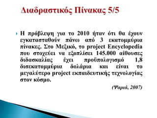    Ζ πξόβιεςε γηα ην 2010 ήηαλ όηη ζα έρνπλ
    εγθαηαζηαζνύλ πάλσ από 3 εθαηνκκύξηα
    πίλαθεο. Σην Μεμηθό, ην project Encyclopedia
    πνπ ζηνρεύεη λα εμνπιίζεη 145.000 αίζνπζεο
    δηδαζθαιίαο    έρεη    πξνϋπνινγηζκό     1,8
    δηζεθαηνκκύξηα δνιάξηα θαη είλαη ην
    κεγαιύηεξν project εθπαηδεπηηθήο ηερλνινγίαο
    ζηνλ θόζκν.
                                     (Ψαπιά, 2007)
 