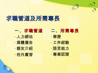 求職管道及所需專長
 一、 求職管道   二、 所需專長
 ‧ 人力網站    ‧ 學歷
 ‧ 媒體廣告    ‧ 工作經驗
 ‧ 親友介紹    ‧ 語言能力
 ‧ 校外實習    ‧ 專業認證
 