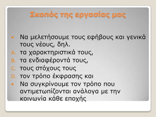 Ρκοπός ηης εργαζίας μας


    Να κειεηήζνπκε ηνπο εθήβνπο θαη γεληθά
     ηνπο λένπο, δει.
A.   ηα ραξαθηεξηζηηθά ηνπο,
B.   ηα ελδηαθέξνληά ηνπο,
C.   ηνπο ζηόρνπο ηνπο
D.   ηνλ ηξόπν έθθξαζεο θαη
    Να ζπγθξίλνπκε ηνλ ηξόπν πνπ
     αληηκεηωπίδνληαη αλάινγα κε ηελ
     θνηλωλία θάζε επνρήο
 