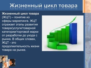 Жизненный цикл товара
(ЖЦТ) – понятие из
сферы маркетинга. ЖЦТ
отражает этапы развития
товара/услуги/товарной
категории/торговой марки
от разработки до ухода с
рынка. В общих словах,
ЖЦТ - это
продолжительность жизни
товара на рынке.
 