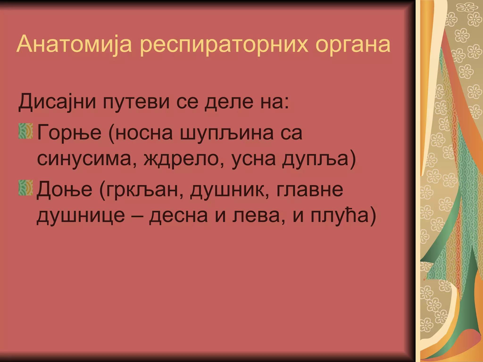 Анатомија респираторних органа

Дисајни путеви се деле на:
 Горње (носна шупљина са
 синусима, ждрело, усна дупља)
 Доње (гркљан, душник, главне
 душнице – десна и лева, и плућа)
 