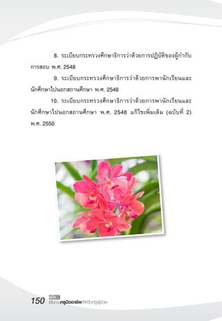 8.	ระเบียบกระทรวงศึกษาธิการว่าด้วยการปฏิบัติของผู้กำกับ
การสอบ พ.ศ. 2548
 	       9.	ระเบียบกระทรวงศึกษาธิการว่าด้วยการพานักเรียนและ
    
นักศึกษาไปนอกสถานศึกษา พ.ศ. 2548
   	 10. 	ระเบียบกระทรวงศึกษาธิการว่าด้วยการพานักเรียนและ
      
นักศึกษาไปนอกสถานศึกษา พ.ศ. 2548 แก้ ไขเพิ่มเติม (ฉบับที่ 2) 
   
พ.ศ. 2550




150    คู่มือ
       เส้นทางครูมืออาชีพสำหรับครูผู้ช่วย
 