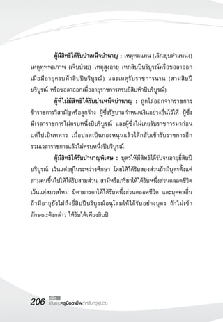 ผู้มีสิทธิได้รับบำเหน็จบำนาญ : เหตุทดแทน (เลิก/ยุบตำแหน่ง)
เหตุทุพพลภาพ (เจ็บป่วย) เหตุสูงอายุ (หกสิบปีบริบูรณ์หรือขอลาออก
เมื่ อ มี อายุ ค รบห้ า สิ บ ปี บ ริ บู ร ณ์ ) และเหตุ รั บ ราชการนาน (สามสิ บ ปี
บริบูรณ์ หรือขอลาออกเมื่ออายุราชการครบยี่สิบห้าปีบริบูรณ์)
	             ผู้ที่ไม่มีสิทธิได้รับบำเหน็จบำนาญ : ถูกไล่ออกจากราชการ
ข้าราชการวิสามัญหรือลูกจ้าง ผู้ซึ่งรัฐบาลกำหนดเงินอย่างอื่นไว้ให้ ผู้ซึ่ง
มีเวลาราชการไม่ครบหนึ่งปีบริบูรณ์ และผู้ซึ่งไม่เคยรับราชการมาก่อน
                                       	
แต่ ไปเป็นทหาร เมื่อปลดเป็นกองหนุนแล้วได้กลับเข้ารับราชการอีก	                                           

รวมเวลาราชการแล้วไม่ครบหนึ่งปีบริบูรณ์
	             ผู้มีสิทธิได้รับบำนาญพิเศษ : บุตรให้มีสิทธิได้รับจนอายุยี่สิบปี
บริบูรณ์ เว้นแต่อยู่ในระหว่างศึกษา โดยให้ได้รับสองส่วนถ้ามีบุตรตั้งแต่
สามคนขึ้นไปให้ได้รับสามส่วน สามีหรือภริยาให้ได้รับหนึ่งส่วนตลอดชีวิต
เว้นแต่สมรสใหม่ บิดามารดาให้ได้รับหนึ่งส่วนตลอดชีวิต และบุคคลอื่น
ถ้ า มี อายุ ยั ง ไม่ ถึ ง ยี่ สิ บ ปี บ ริ บู ร ณ์ อ นุ โ ลมให้ ไ ด้ รั บ อย่ า งบุ ต ร ถ้ า ไม่ เ ข้ า
ลักษณะดังกล่าว ให้รับได้เพียงสิบปี




206         คู่มือ
           เส้นทางครูมืออาชีพสำหรับครูผู้ช่วย
 