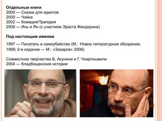 Отдельные книги
2000 — Сказки для идиотов
2000 — Чайка
2002 — Комедия/Трагедия
2006 — Инь и Ян (с участием Эраста Фандорина)

Под настоящим именем
1997 — Писатель и самоубийство (М.: Новое литературное обозрение,
1999; 2-е издание — М.: «Захаров» 2006)

Совместное творчество Б. Акунина и Г. Чхартишвили
2004 — Кладбищенские истории
 
