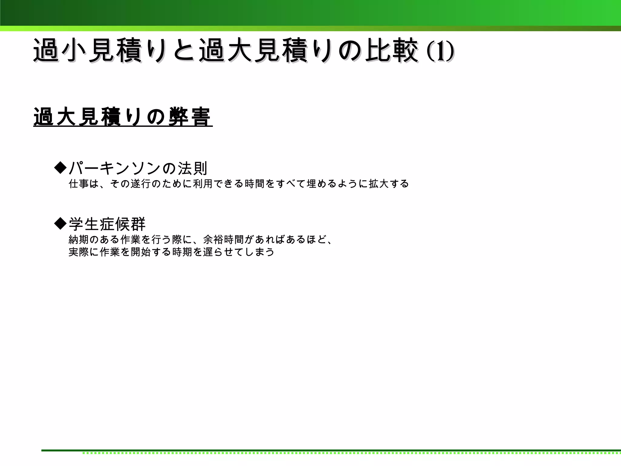 過小見積りと過大見積りの比較 (1)

過大見積りの弊害

パーキンソンの法則
 仕事は、その遂行のために利用できる時間をすべて埋めるように拡大する



学生症候群
 納期のある作業を行う際に、余裕時間があればあるほど、
 実際に作業を開始する時期を遅らせてしまう
 