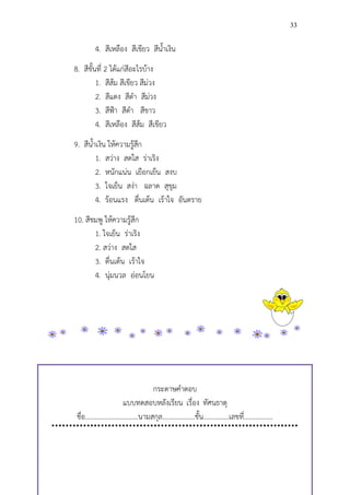 33


          4. สีเหลือง สีเขียว สีน้าเงิน
8. สีขั้นที่ 2 ได้แก่สีอะไรบ้าง
         1. สีส้ม สีเขียว สีม่วง
         2. สีแดง สีด้า สีม่วง
         3. สีฟ้า สีด้า สีขาว
         4. สีเหลือง สีส้ม สีเขียว
9. สีน้าเงิน ให้ความรู้สึก
        1. สว่าง สดใส ร่าเริง
        2. หนักแน่น เยือกเย็น สงบ
        3. ใจเย็น สง่า ฉลาด สุขุม
        4. ร้อนแรง ตื่นเต้น เร้าใจ อันตราย
10. สีชมพู ให้ความรู้สึก
       1. ใจเย็น ร่าเริง
       2. สว่าง สดใส
       3. ตื่นเต้น เร้าใจ
       4. นุ่มนวล อ่อนโยน




                                        กระดาษค้าตอบ
                           แบบทดสอบหลังเรียน เรื่อง ทัศนธาตุ
 ชื่อ...............................นามสกุล...................ชั้น...............เลขที่.................
 