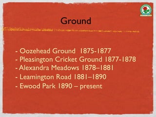 Ground


- Oozehead Ground 1875-1877
- Pleasington Cricket Ground 1877-1878
- Alexandra Meadows 1878–1881
- Leamington Road 1881–1890
- Ewood Park 1890 – present
 