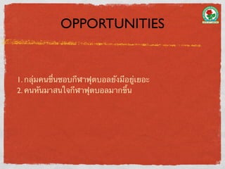 OPPORTUNITIES


1. กลุ่มคนชื่นชอบกีฬาฟุตบอลยังมีอยู่เยอะ
2. คนหันมาสนใจกีฬาฟุตบอลมากขึ้น
 