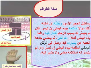 ‫ف‬
                                 ‫صفة الطوا ِ‬


                                   ‫يستقب ُ الحج َ السو َ و ُ َ ُّه إن أمكنه‬
                                                ‫د يقبل‬        ‫ر‬     ‫ل‬
‫الركن اليماني‬
                              ‫ذلك، وإل استلمه بي ِه اليمنى إن تي ّر، فإن‬
                                      ‫س‬                 ‫د‬
                               ‫ا‬
                               ‫لم يتي ّر له بسبب الزحا ِ أشار إليه رافع ً‬
                                                  ‫م‬                 ‫س‬
                ‫الحجرألسود‬
                             ‫ي َه اليمنى قائ ً : ال أكب ُ، ثم يمضي جاع ً‬
                             ‫ل‬                    ‫ر‬          ‫ل‬            ‫د‬
‫بداية الطواف‬                      ‫رن‬
                                  ‫الكعب َ عن يسا ِه، فإذا وصل إلى ال ّكْ ِ‬
                                                            ‫ر‬         ‫ة‬
                             ‫اليماني استلمه بي ِه اليمنى إن تي ّر وإن لم‬
                                         ‫س‬                ‫د‬
                                  ‫يتي ّر له استل ُه مضى ول يشي ُ إليه.‬
                                          ‫ر‬                 ‫م‬           ‫س‬


  ‫)يشير بيده اليمنى مكبرً(‬
   ‫ا‬
 