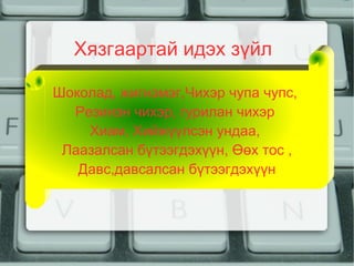 Хязгаартай идэх зүйл

Шоколад, жигнэмэг,Чихэр чупа чупс,
  Резинэн чихэр, гурилан чихэр
    Хиам, Хийжүүлсэн ундаа,
 Лаазалсан бүтээгдэхүүн, Өөх тос ,
   Давс,давсалсан бүтээгдэхүүн
 