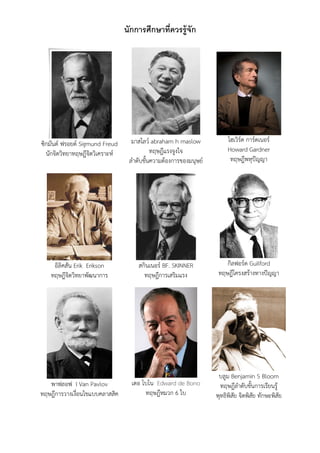 นักการศึกษาที่ควรรู้จัก




ซิกมันด์ ฟรอยด์ Sigmund Freud      มาสโลว์ abraham h maslow             โฮเวิร์ด การ์ดเนอร์
  นักจิตวิทยาทฤษฎีจิตวิเคราะห์              ทฤษฎีแรงจูงใจ               Howard Gardner
                                  ลําดับขั้นความต้องการของมนุษย์         ทฤษฎีพหุปัญญา




    อิลิคสัน Erik Erikson            สกินเนอร์ BF. SKINNER             กิลฟอร์ด Guilford
   ทฤษฎีจิตวิทยาพัฒนาการ               ทฤษฎีการเสริมแรง             ทฤษฎีโครงสร้างทางปัญญา




                                                                    บลูม Benjamin S Bloom
   พาฟลอฟ I Van Pavlov             เดอ โบโน Edward de Bono           ทฤษฎีลําดับขั้นการเรียนรู้
ทฤษฎีการวางเงื่อนไขแบบคลาสสิค           ทฤษฎีหมวก 6 ใบ             พุทธิพิสัย จิตพิสัย ทักษะพิสัย
 