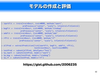 モデルの作成と評価


> rpartFit <- train(trainDescr, trainMDRR, method="rpart",
                    preProcess=c("center", "scale"), trControl=fitControl)
> bagFit <- train(trainDescr, trainMDRR, method="treebag"
                  preProcess=c("center", "scale"), trControl=fitControl)
> adaFit <- train(trainDescr, trainMDRR, method="ada"
                  preProcess=c("center", "scale"), trControl=fitControl)
> rfFit <- train(trainDescr, trainMDRR, method="rf"
                 preProcess=c("center", "scale"), trControl=fitControl)

> allPred <- extractPrediction(list(rpartFit, bagFit, adaFit, rfFit),
                               testX=testDescr, testY=testMDRR)
> testPred <- subset(allPred, dataType=="Test")
> tp_rpart <- subset(testPred, model=="rpart")
> tp_bag <- subset(testPred, model=="treebag")
> tp_rf <- subset(testPred, model=="rf")



                    https://gist.github.com/2006235

                                                                             43
 
