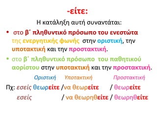 -είτε:
          Η κατάληξη αυτή συναντάται:
• στο β΄ πληθυντικό πρόσωπο του ενεστώτα
  της ενεργητικής φωνής στην οριστική, την
  υποτακτική και την προστακτική.
• στο β΄ πληθυντικό πρόσωπο του παθητικού
  αορίστου στην υποτακτική και την προστακτική.
         Οριστική   Υποτακτική     Προστακτική
Πχ: εσείς θεωρείτε /να θεωρείτε    / θεωρείτε
    εσείς          / να θεωρηθείτε / θεωρηθείτε
 