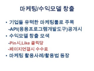 마케팅/수익모델 창출

• 기업들 유력한 마케팅툴로 주목
  -API(응용프로그램개발도구)공개시
• 수익모델 창출 모색
-Pin시,Like 클릭당
-페이지연결시 수수료
• 마케팅 활용사례/활용법 등장
 