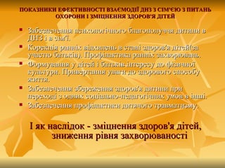 ПОКАЗНИКИ ЕФЕКТИВНОСТІ ВЗАЄМОДІЇ ДНЗ З СІМ'ЄЮ З ПИТАНЬ
         ОХОРОНИ І ЗМІЦНЕННЯ ЗДОРОВ'Я ДІТЕЙ

   Забезпечення психологічного благополуччя дитини в
    ДНЗ і в сім'ї.
   Корекція ранніх відхилень в стані здоров'я дітей(за
    участю батьків). Профілактика ранніх захворювань.
   Формування у дітей і батьків інтересу до фізичної
    культури. Привертання уваги до здорового способу
    життя.
   Забезпечення збереження здоров'я дитини при
    переході з одних соціально-педагогічних умов в інші.
   Забезпечення профілактики дитячого травматизму.

    І як наслідок - зміцнення здоров'я дітей,
          зниження рівня захворюваності
 