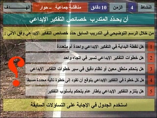 ‫الهـــــــــــــــدف‬       ‫مناقشة جماعية ــ حوار‬       ‫01 دقائق‬      ‫الزمن‬     ‫4‬     ‫النشاط‬

                   ‫أن يحـ ّد المتدرب خصائص التفكير البداعي‬
                                                  ‫د‬
‫من خلل الرسم التوضيحي في التدريب السابق ح ّد خصائص التفكير البداعي وفق التي :‬
                                  ‫د‬

                                    ‫هل نقطة البداية في التفكير البداعي واحدة أم متعددة‬     ‫1‬

                                        ‫هل خطوات التفكير البداعي تسير في اتجاه واحد‬        ‫2‬

                   ‫هل يتحكم منطق معين أو نظام دقيق في سير خطوات التفكير البداعي‬            ‫3‬

                 ‫ا‬
                 ‫هل كل خطوة في التفكير البداعي يتوقع أن تقود إلى خطوة تالية محددة مسبق ً‬   ‫4‬

                               ‫هل يلتزم التفكير البداعي بإطار عام يتحكم بأسلوب التفكير‬     ‫5‬

                       ‫استخدم الجدول في الجابة على التساؤلت السابقة‬
 