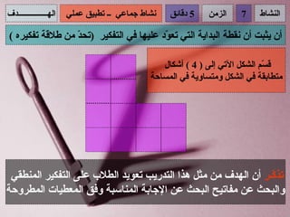 ‫الهـــــــــــــــدف‬   ‫نشاط جماعي ــ تطبيق عملي‬   ‫5 دقائق‬   ‫الزمن‬    ‫7‬    ‫النشاط‬

‫أن يثبت أن نقطة البداية التي تع ّد عليها في التفكير )تح ّ من طلقة تفكيره (‬
                 ‫د‬                       ‫و‬

                                                ‫ق ّم الشكل التي إلى ) 4 ( أشكال‬
                                                                            ‫س‬
                                             ‫متطابقة في الشكل ومتساوية في المساحة‬




 ‫تذ ّـر أن الهدف من مثل هذا التدريب تعويد الطلب على التفكير المنطقي‬
                                                               ‫ك‬
‫والبحث عن مفاتيح البحث عن الجابة المناسبة وفق المعطيات المطروحة‬
 