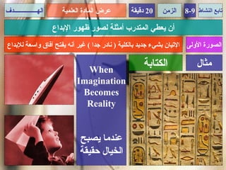 ‫الهـــــــــــــــدف‬      ‫عرض المادة العلمية‬   ‫02 دقيقة‬   ‫الزمن‬    ‫تابع النشاط 9-8‬

                       ‫أن يعطي المتدرب أمثلة لصور ظهور البداع‬
‫الصورة الولى التيان بشيء جديد بالكلية ) نادر جدا ( غير أنه يفتح آفاق واسعة للبداع‬


                                 ‫‪When‬‬
                                                   ‫الكتابة‬             ‫مثال‬
                               ‫‪Imagination‬‬
                                ‫‪Becomes‬‬
                                 ‫‪Reality‬‬


                                ‫عندما يصبح‬
                                ‫الخيال حقيقة‬
 