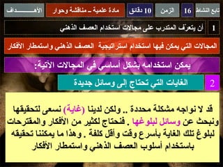 ‫الهــــــــــــداف‬   ‫مادة علمية ــ مناقشة وحوار‬   ‫01 دقائق‬   ‫الزمن‬   ‫تابع النشاط 61‬

                        ‫أن يتع ّف المتدرب على مجالت استخدام العصف الذهني‬
                                                                ‫ر‬               ‫1‬

‫المجالت التي يمكن فيها استخدام استراتيجية العصف الذهني واستمطار الفكار‬

              ‫يمكن استخدامه بشكل أساسي في المجالت التية:‬
                             ‫الغايات التي تحتاج إلى وسائل جديدة‬                ‫2‬

 ‫قد ل نواجه مشكلة محددة .. ولكن لدينا )غاية( نسعى لتحقيقها‬
‫ونبحث عن وسائل لبلوغها . فنحتاج لكثير من الفكار والمقترحات‬
 ‫لبلوغ تلك الغاية بأسرع وقت وأقل كلفة . وهذا ما يمكننا تحقيقه‬
      ‫باستخدام أسلوب العصف الذهني واستمطار الفكار‬
 