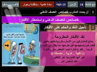 ‫الهـــــــــــــداف‬     ‫مادة علمية - مناقشة وحوار‬   ‫51 دقيقة‬    ‫الزمن‬    ‫تابع النشاط 81‬

                                      ‫أن يحـدد المتدرب خصائص العصف الذهني‬           ‫1‬

                      ‫خصائص العصف الذهني واستمطار الفكار:‬
                                          ‫تأجيل النقد والحكم على الفـكار‬            ‫2‬

                                                ‫نقد الفـكار المطروحة ..‬
                                         ‫يمنع المشاركين من السترسال ويشغلهم بتقييم‬
                                       ‫أفـكارهم وتمحيصها قبل طرحها مما يقلل من البداع‬
                                          ‫فربما .. تطرح فـكرة تبدوا للبعض منا .. فـكرة‬
                                                  ‫)) تافهة .. غريبة .. مضحكة ((‬
                                                 ‫غير أنها تفتح بابا آخر للتفكير ..‬
                                                        ‫عند شخص آخر ..‬
 