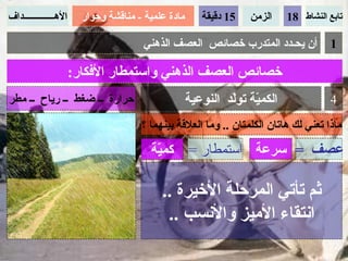 ‫الهـــــــــــــداف‬     ‫مادة علمية - مناقشة وحوار‬      ‫51 دقيقة‬   ‫الزمن‬    ‫تابع النشاط 81‬

                                      ‫أن يحـدد المتدرب خصائص العصف الذهني‬             ‫1‬

                      ‫خصائص العصف الذهني واستمطار الفكار:‬
‫حرارة ــ ضغط ــ رياح ــ مطر‬                         ‫الكم ّة توّد النوعية‬
                                                             ‫ي ل‬                      ‫4‬

                                      ‫ماذا تعني لك هاتان الكلمتان .. وما العلقة بينهما ؟‬

                                        ‫عصف = سرعة استمطار = كم ّة‬
                                         ‫ي‬

                                           ‫ثم تأتي المرحلة الخيرة ..‬
                                            ‫انتقاء الميز والنسب ..‬
 