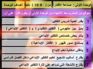 ‫الوحدة الولى : صناعة الفكار الزمن ) 0 01 ( دقيقة أهـداف الوحـدة‬

‫يتوقع من المتدرب بعد النتهاء من الوحدة الولى أن يكون قادرا على أن:‬

                                     ‫يقدر أهمية تدريس التفكير‬   ‫1‬
  ‫2 يم ّز بين مفهومي ) التفكير التقليدي ( و ) التفكير البداعي (‬
                                                         ‫ي‬
                           ‫3 يذكر بعض خصائص التفكير البداعي‬
                     ‫4 يستنتج صور ظهور ) الفكار البداعية (‬
                                     ‫5 يناقش امكانية تعلم البداع‬
‫6 يقترح أساليب تشجيع تعليم التفكير البداعي داخل الفصل الدراسي‬
           ‫7 يقترح النشطة التي تساعد على إثارة التفكير البداعي‬
 