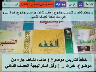 ‫الهــــــــــــــدف‬   ‫نشاط جماعي تخصصي – مناقشة‬   ‫08 دقيقة‬   ‫الزمن‬   ‫72‬   ‫النشاط‬

‫أن يخطط المتدرب لتدريس موضوع ) هدف، نشاط، جزء من موضوع، خبرة، ... (‬
                    ‫وفق استراتيجية العصف الذهني .‬




     ‫خطط لتدريس موضوع ) هدف، نشاط، جزء من‬
  ‫موضوع، خبرة، ... ( وفق استراتيجية العصف الذهني‬
 